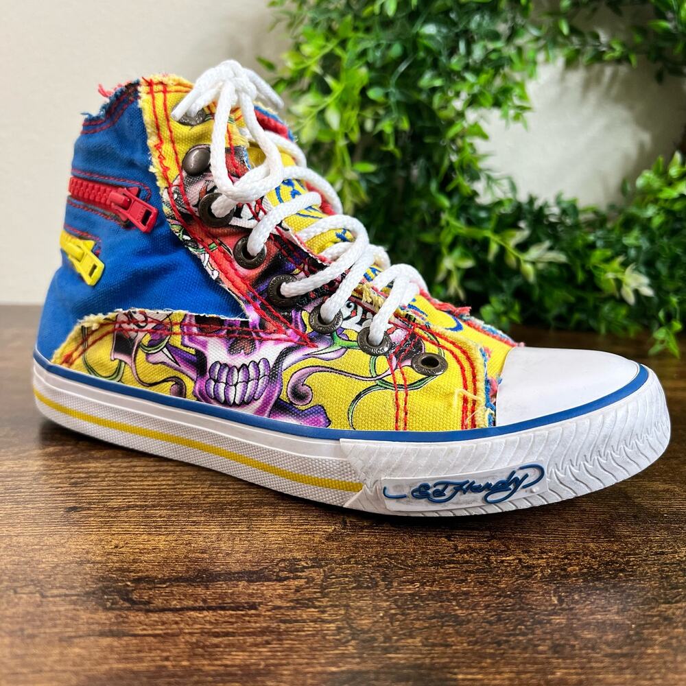Ed Hardy High Top Sneakers 4 Boys Kids Lace Up Graphic Skulls Tattoo Canvas Red